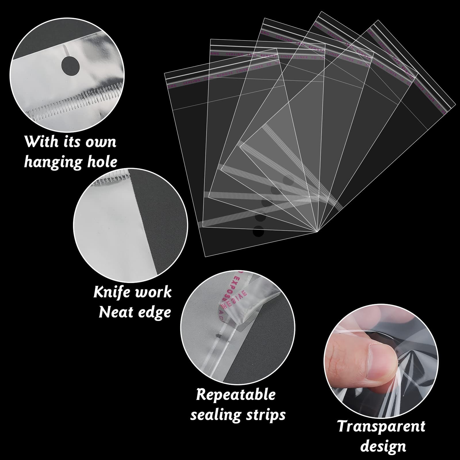 400Pcs Clear Plastic Self Sealing Bags with Hang Hole Resealable Storage Celloph
