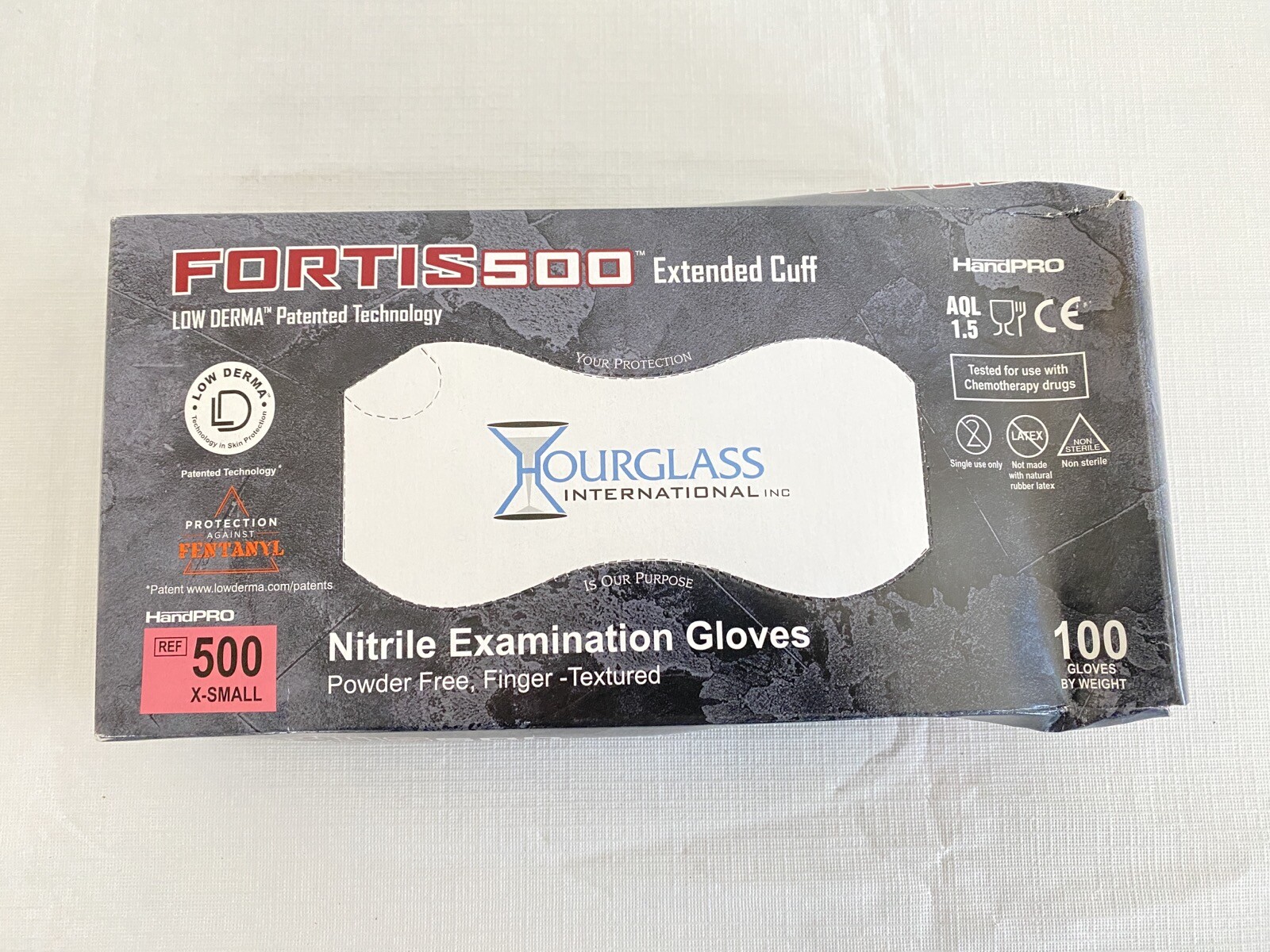 (100/Pk) HOURGLASS Fortis500 Low Derma Nitrile Exam Gloves – XSmall Matte Black