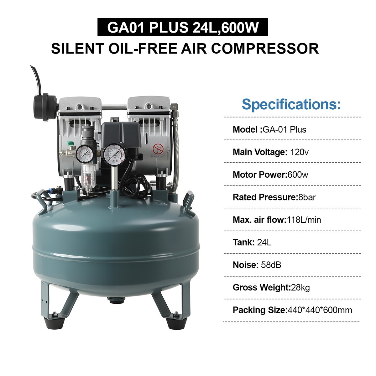 Silent Oil-Free Dental Air Compressor 40L 800W Auto Stop/Start Low Noise 58dB