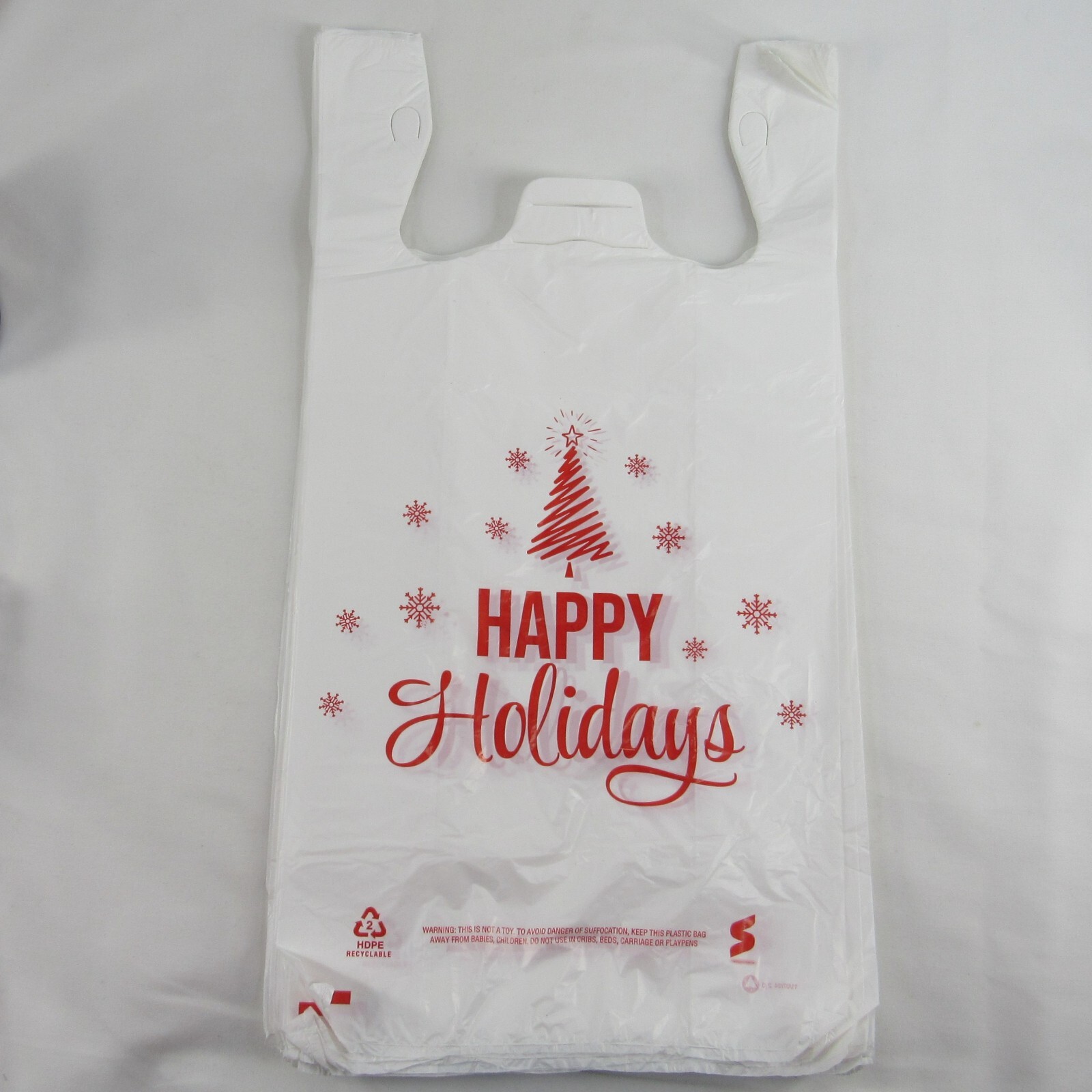 200 Qty. Happy Holiday Holiday Tree 1/6 Plastic T-Shirt Bags Handles 11″x6″x21″