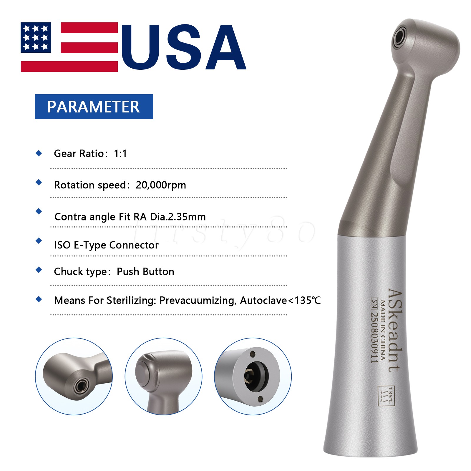 SANDENT Dental 1:1 Low Speed Handpiece Contra Angle Push Button Direct Drive