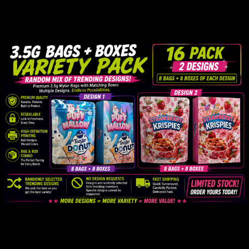 3.5 gram mylar bags plus Box Variety Mix & Match Trending Designs 16-128 Packs?