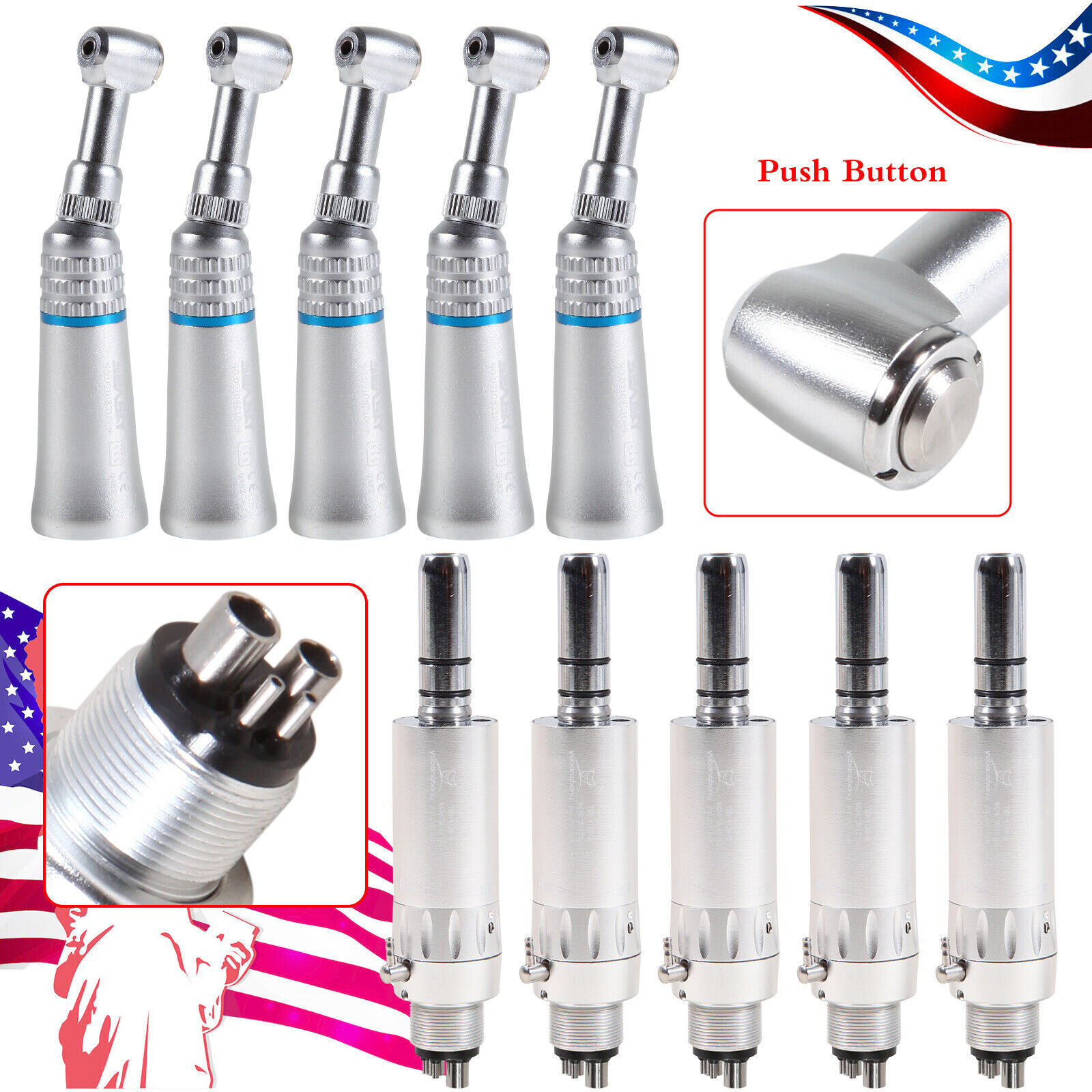 1-5 Dental Low Speed Push 1:1 Contra Angle Handpiece /Air Motor E-type 2/4H SA