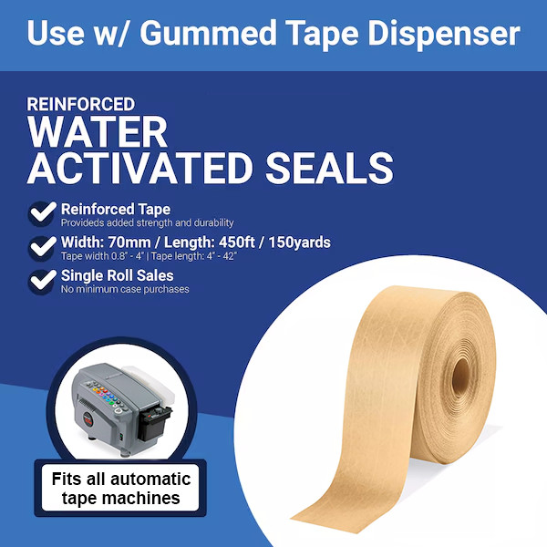 Reinforced Water Activated Kraft Carton Sealing Gummed Tape 2.75″ x 450 ft Tan