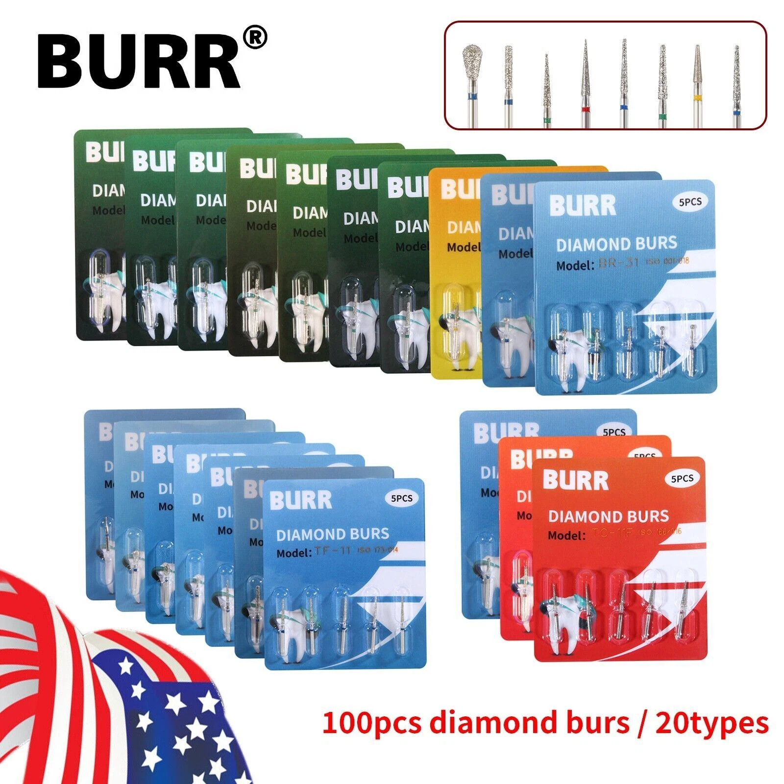 100pcs Dental Diamond Burs FG 1.6mm 20 Types for High Speed Handpiece Tubine