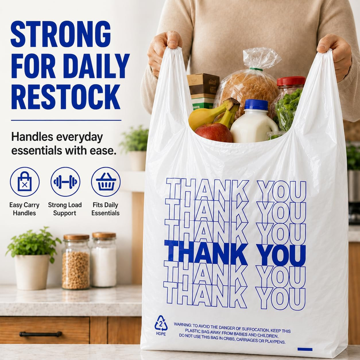 500 Count Plastic T-Shirt Bags, 11″ X 6″ X 21″, White, Grocery & Take-Out Shoppi