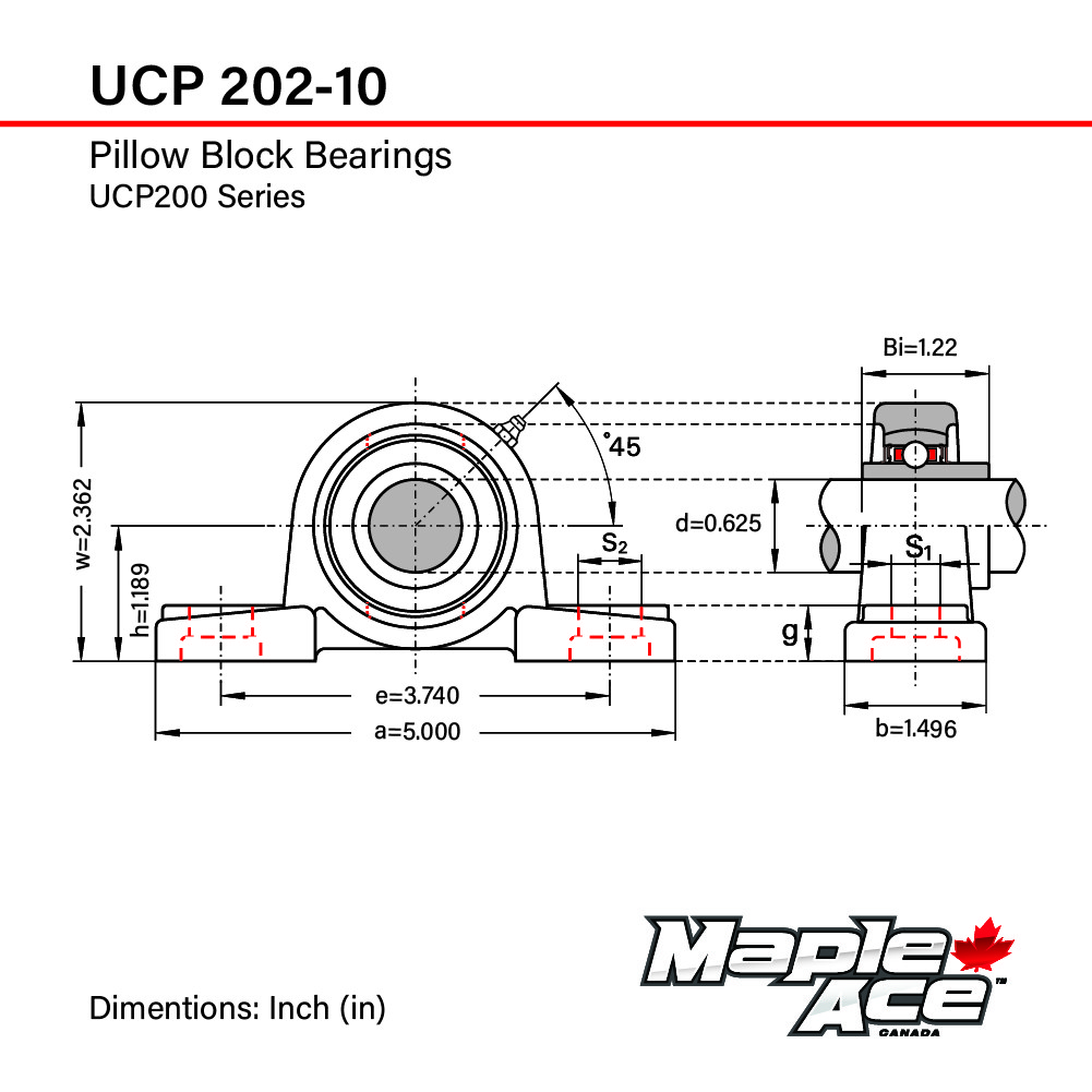 UCP202-10 Pillow Block Bearing 5/8″ Bore, 2-Bolt, Self-Aligning, Solid Base Qty4