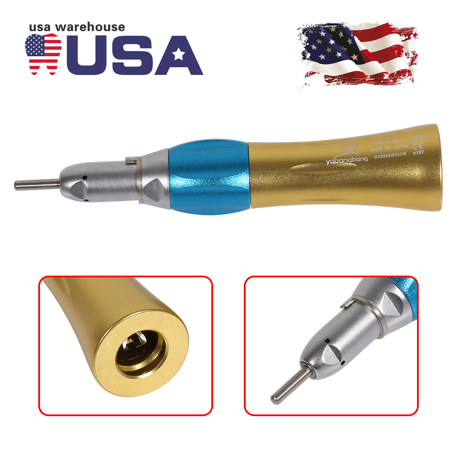 1-10 NSK Style Dental Straight Nosecone Handpiece / Air Motor 4-Holes Slow Gold