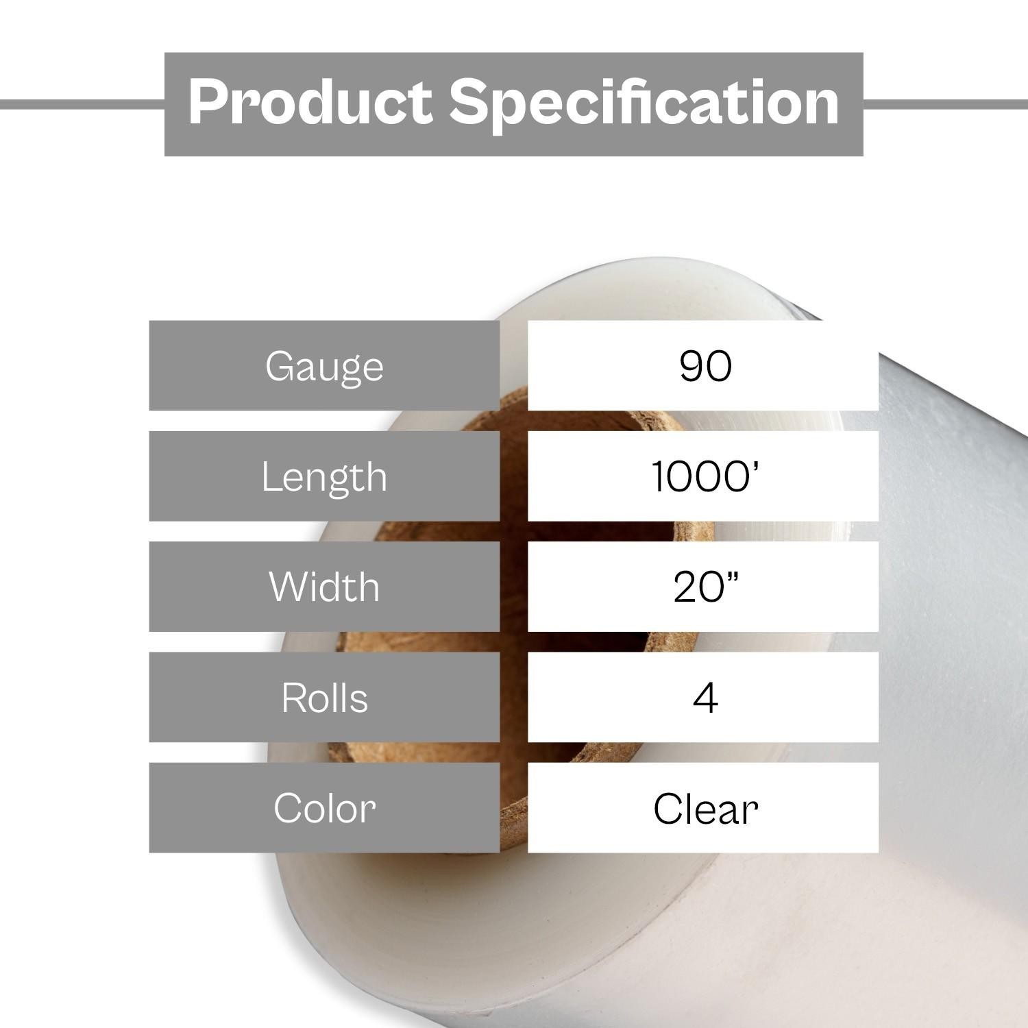 4 Rolls (90 Gauge) Extended Core Pallet Wrap Stretch Film – Clear 20″ x 1000′