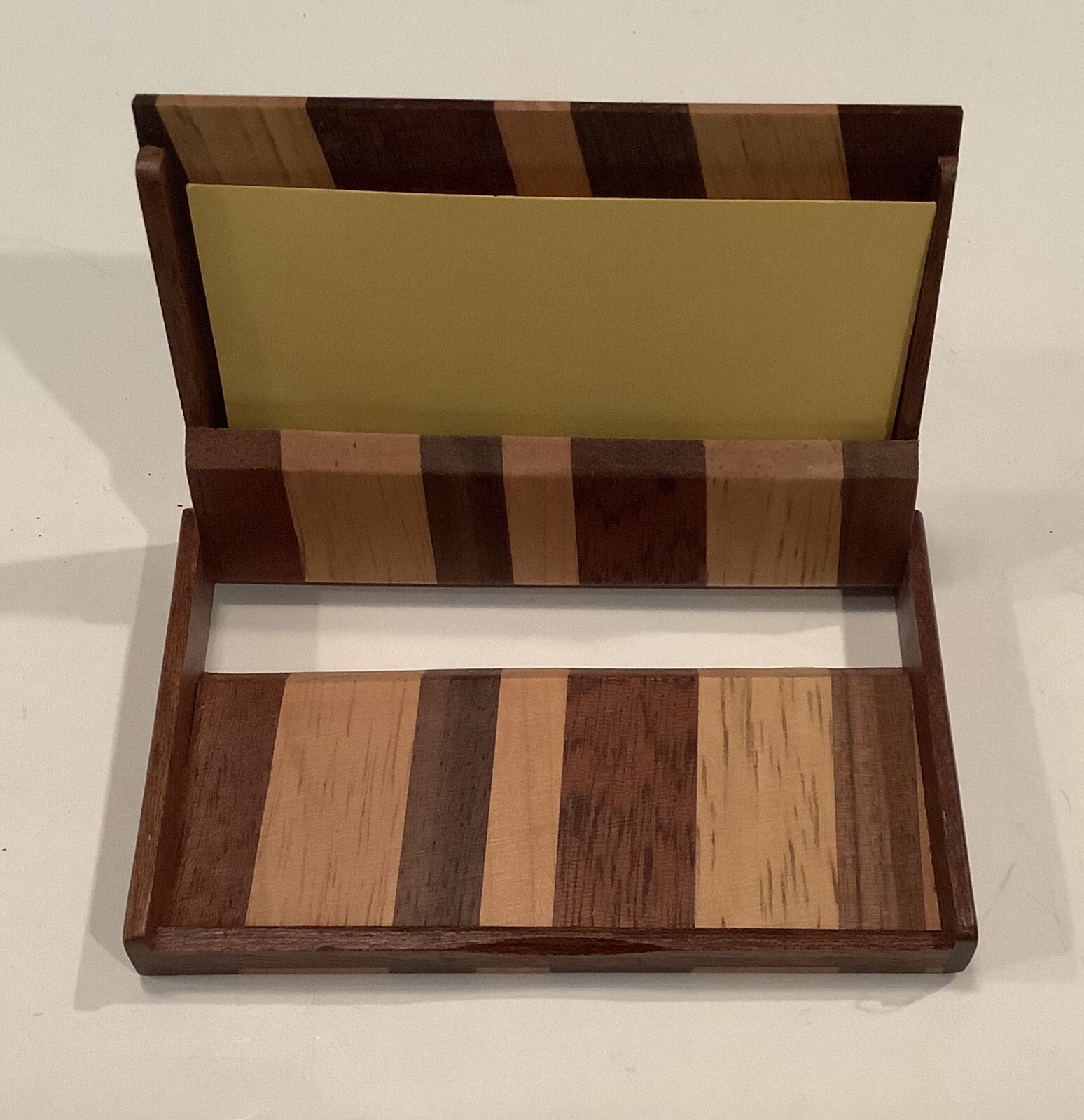 MIXED WOOD BUSINESS CARD HOLDER THAT SAYS ALOHA