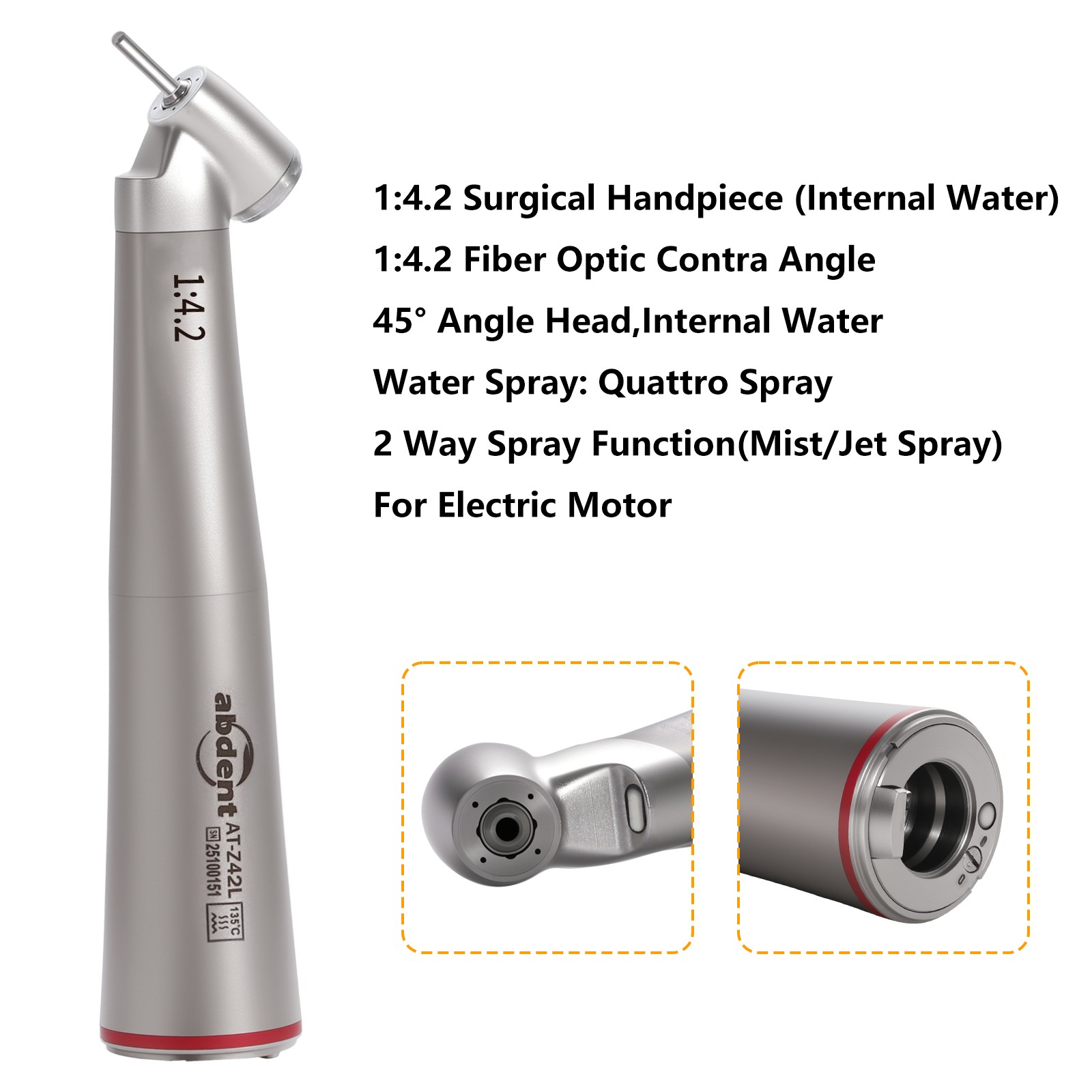 Abdent Dental 1:4.2 LED Fiber Optic Quattro Spray Contra Angle Handpiece