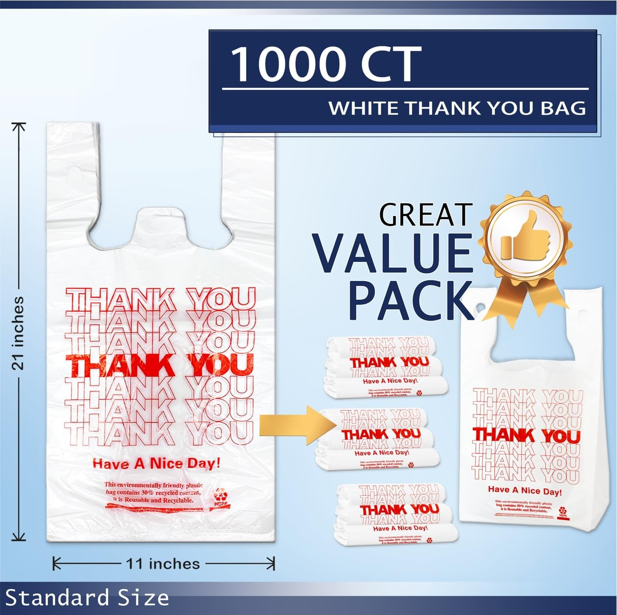 1000 Count White Disposable Thank You Bags with Handles – 11”X6”X21” Plastic