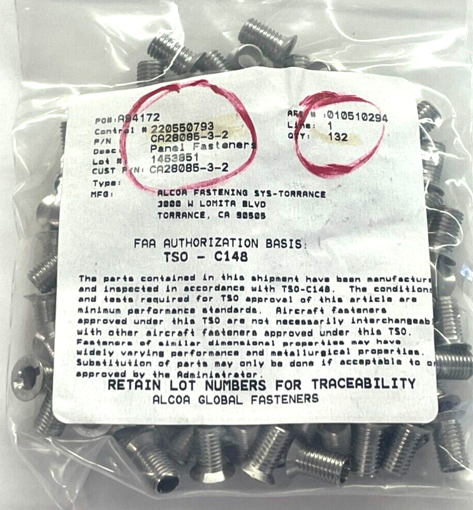 (3 PIECE LOT) CA28085-3-2, ALCOA PANEL FASTENERS