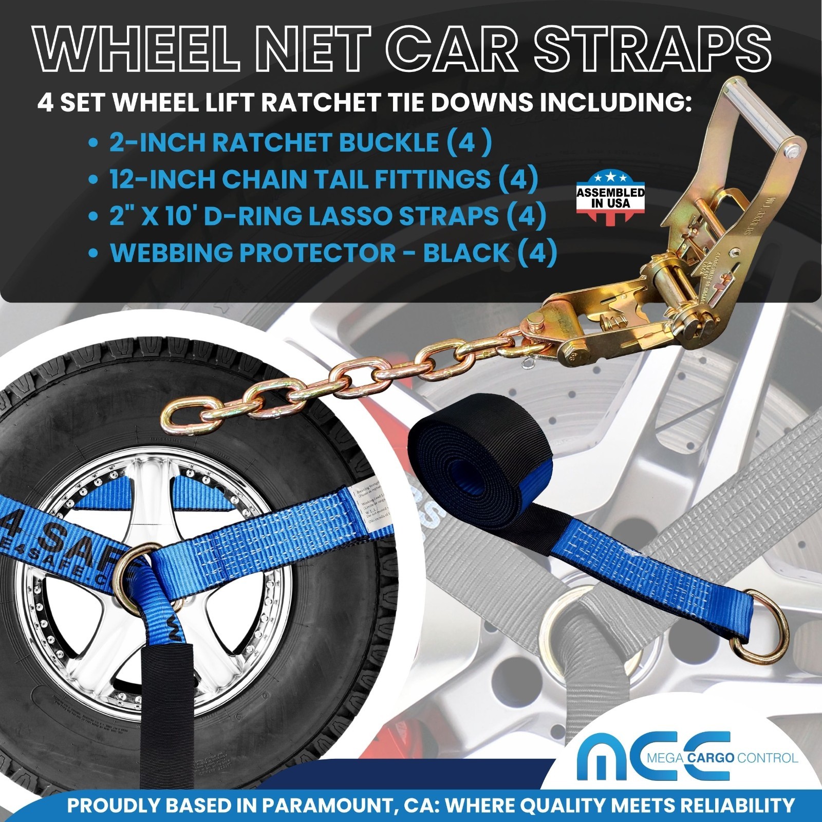 16 Pcs 2″ x 10′ Ratchet Wheel Lift Lasso Strap w/ Chain Extension For Tow Truck