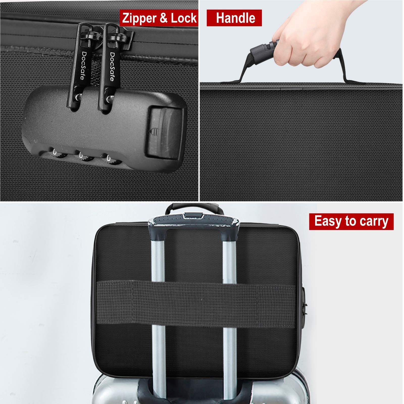 Black Fireproof Document Bag With Lock 3Layer Waterproof File Storage Case
