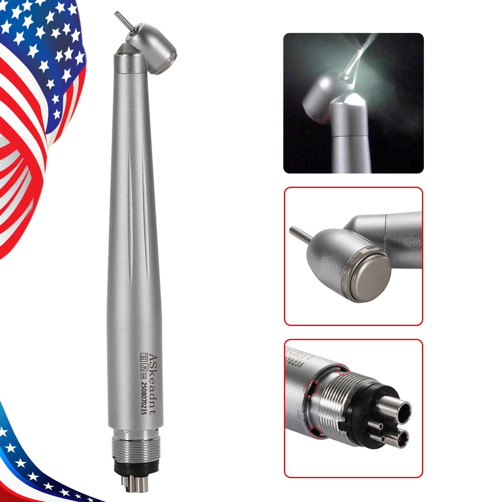 ASKEADNT Dental Surgical Handpiece 45 Degree High Speed 4 Hole LED