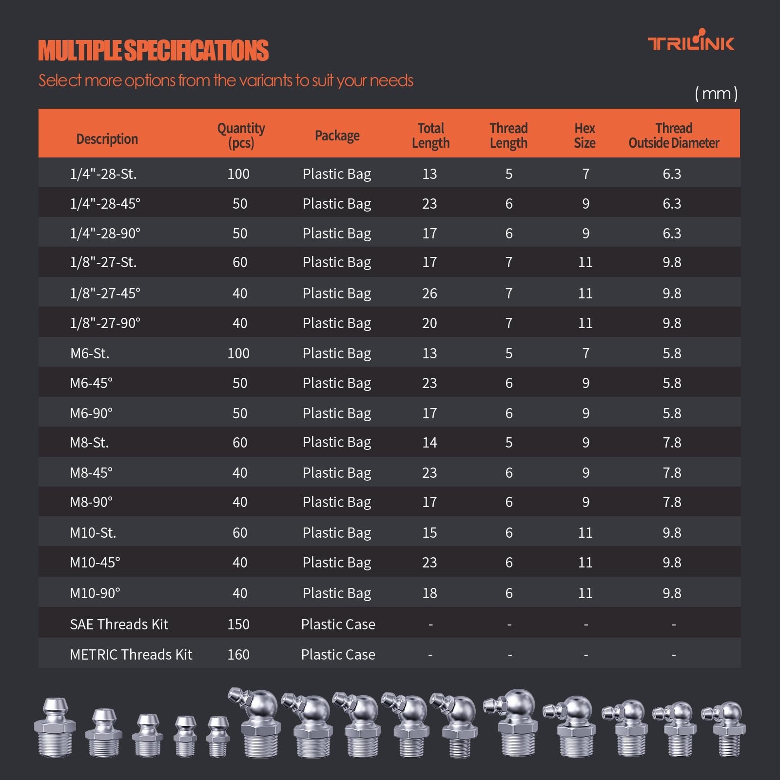 M8 Zerk Grease Fittings, Metric Grease Nipples with 45-Degree Angle, Grease F
