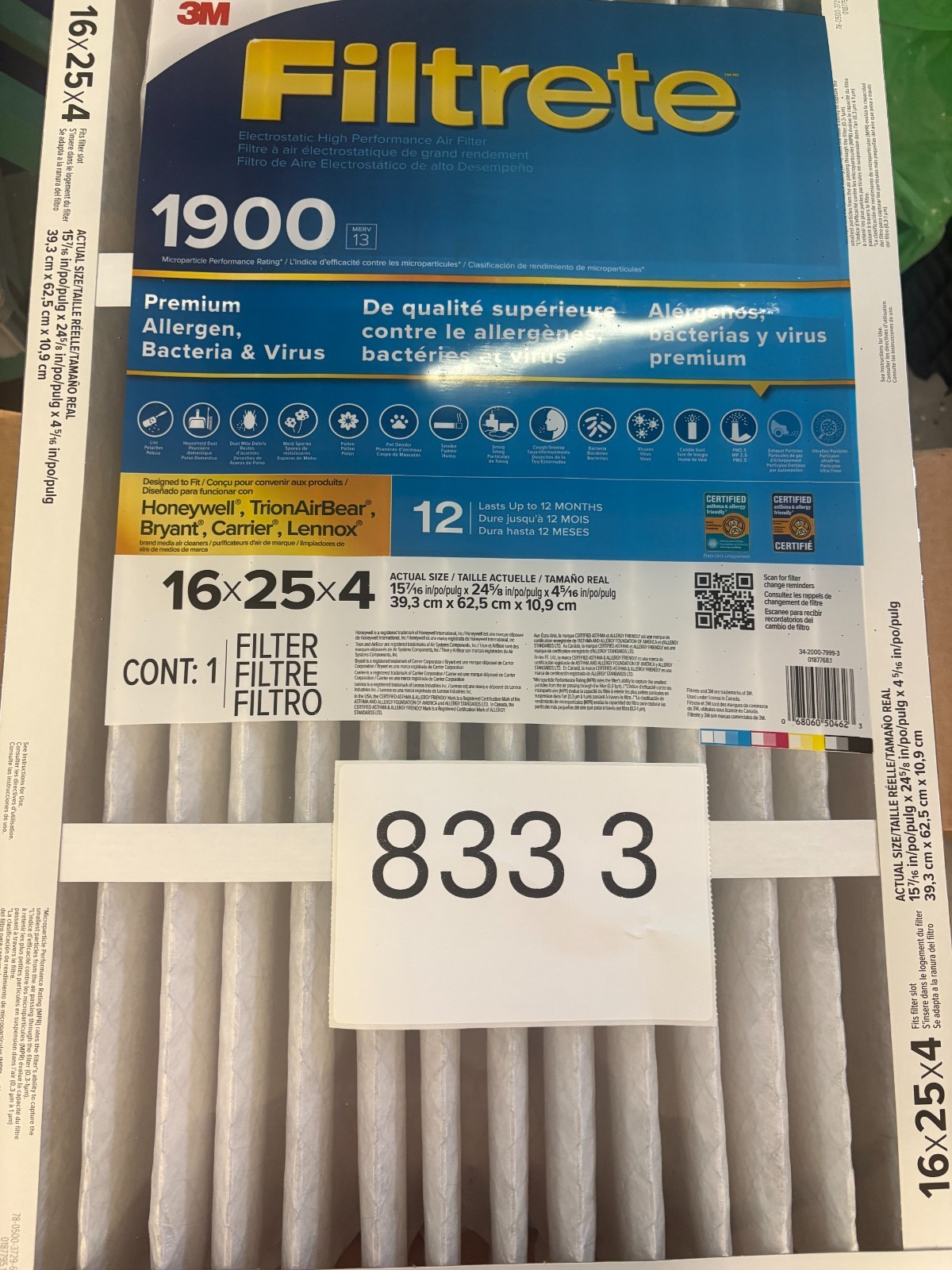 2 PACK Filtrete 16x25x4 AC Furnace Air Filter MERV 13, MPR 1900 Premium Allergen