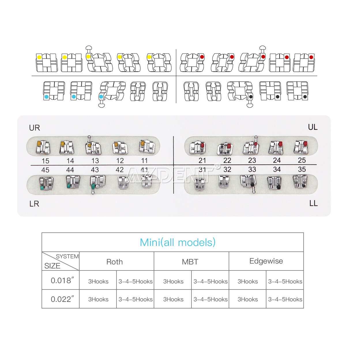 10 X Dental Ortho Brackets Mini/Standard MBT/Edgewise/Roth 018/022 3/345Hooks