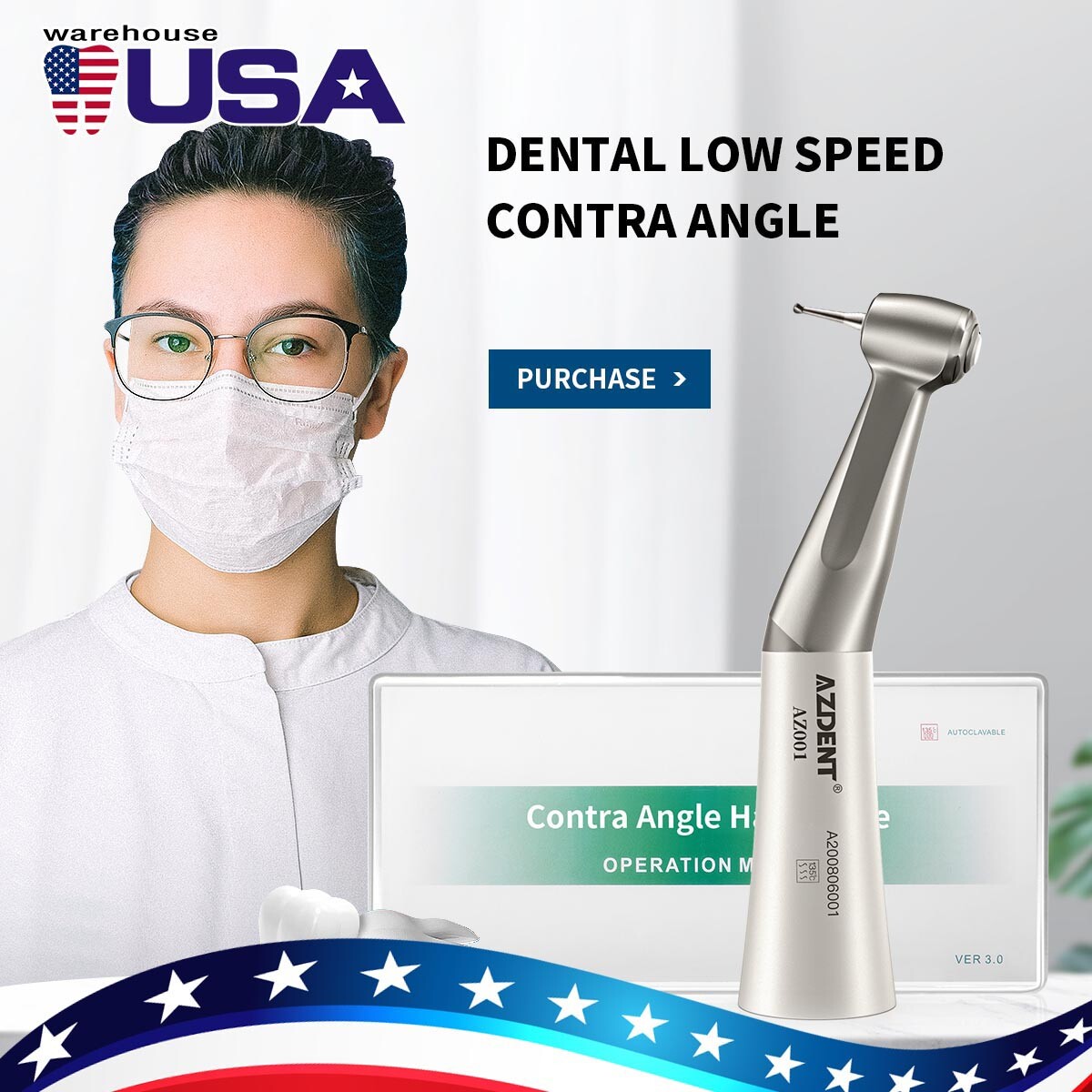 AZDENT Dental 1:1 Direct Drive Slow Speed Contra Angle Handpiece Push Button