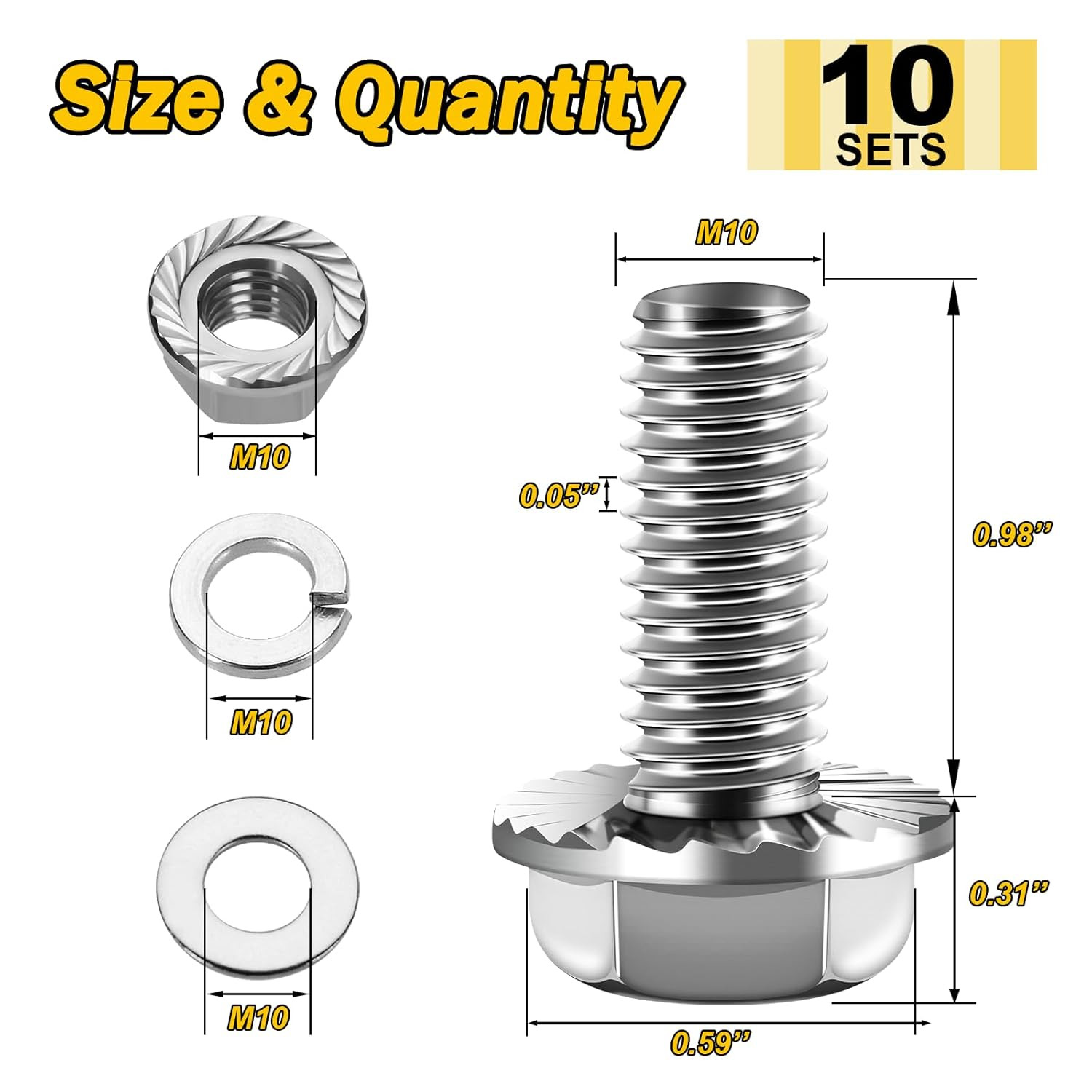 M10 x 25mm (10 Sets) M10x1.5 Bolt Flanged Hex Head Nuts and Bolts,Flange Hexa…
