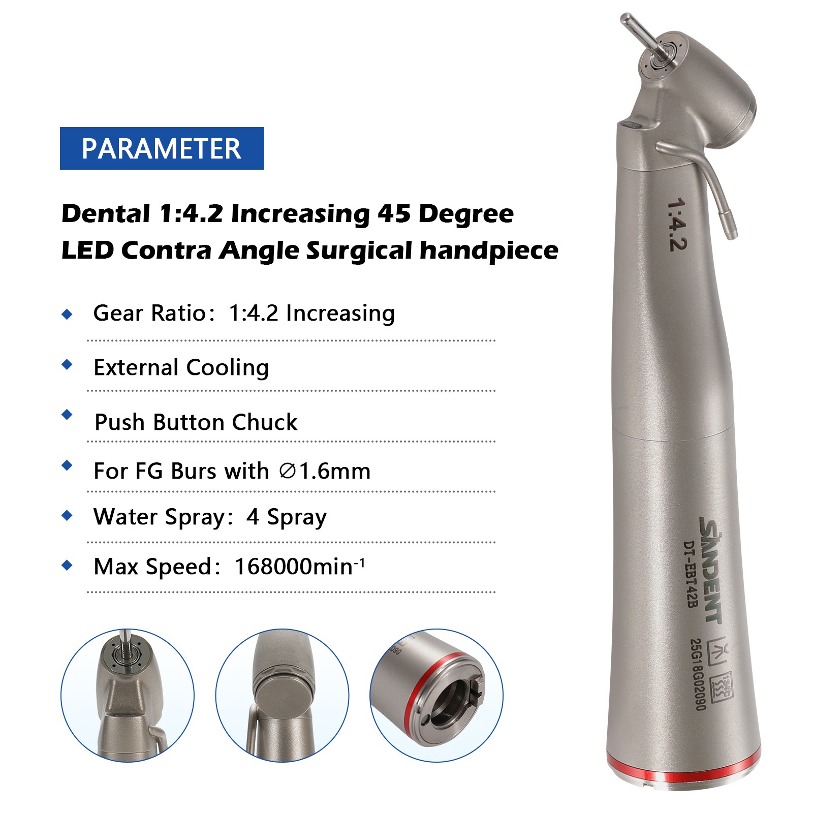 Dental Optic Fiber LED 1:4.2 Increasing Handpiece 45°Angle Head External Channel