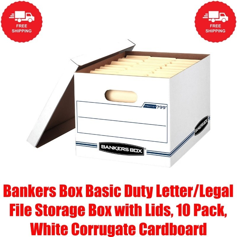 Bankers Box Basic Duty Letter/Legal File Storage Box with Lids, 10 Pack, White
