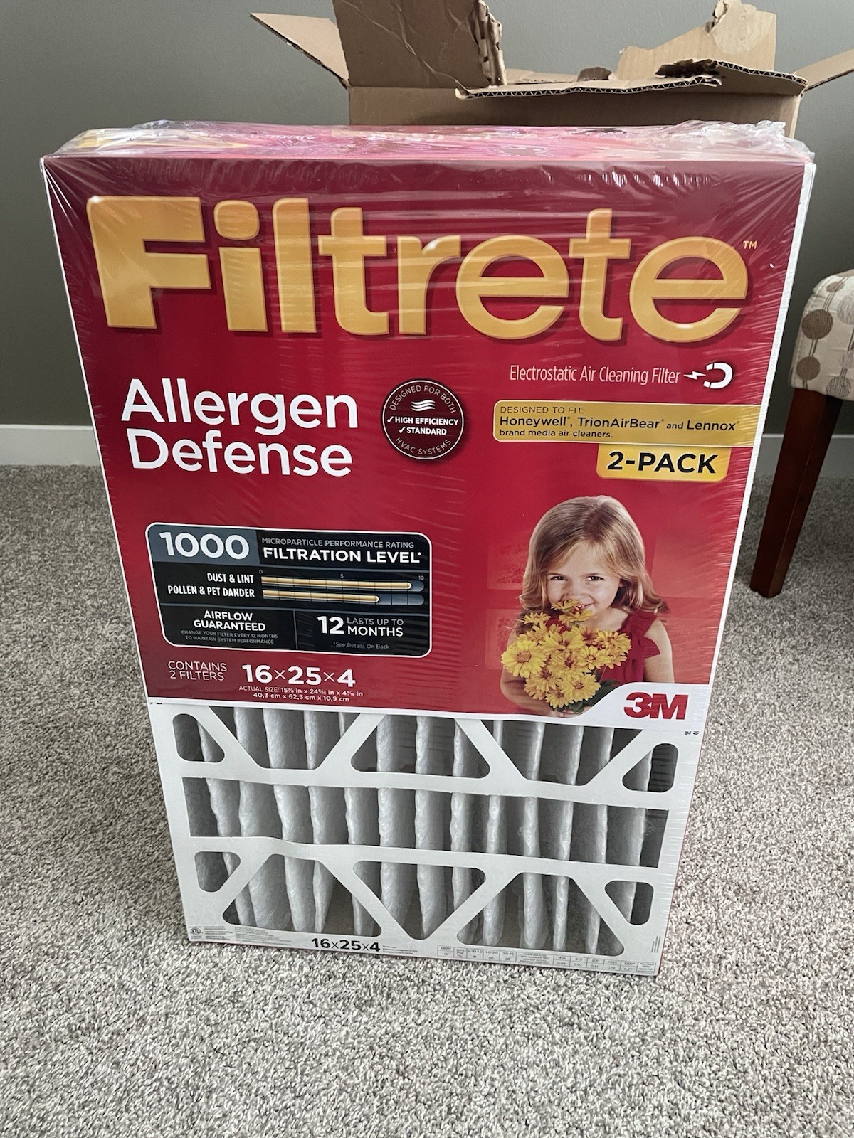 Filtrete 16x25x4 Air Filter, MPR 1000, MERV 11, Allergen 16x25x4, White
