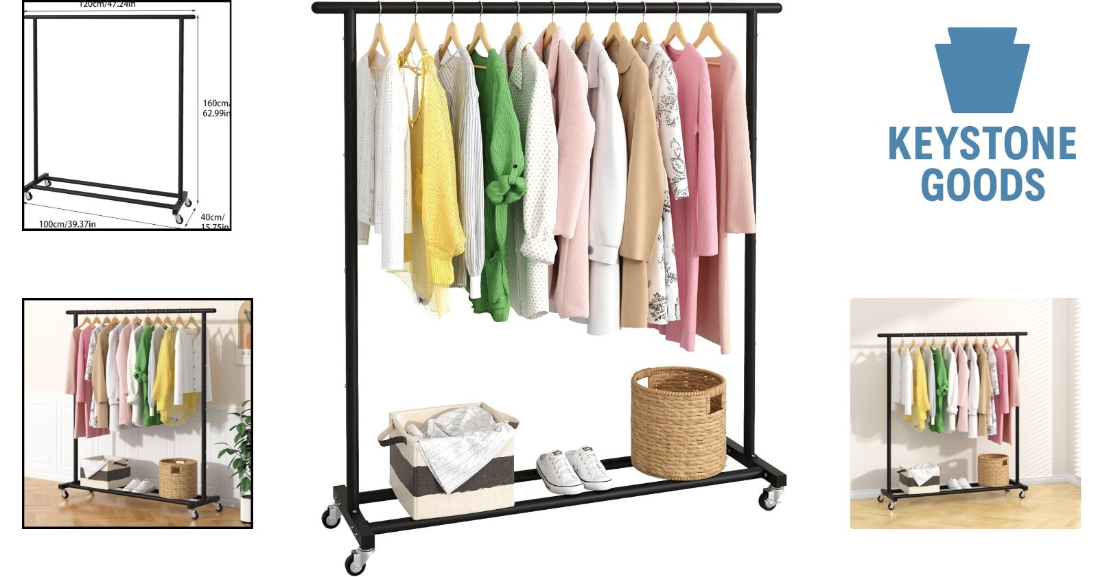 Adjustable Black Metal Rolling Garment Rack – Space-Saving, Portable, Heavy-Duty