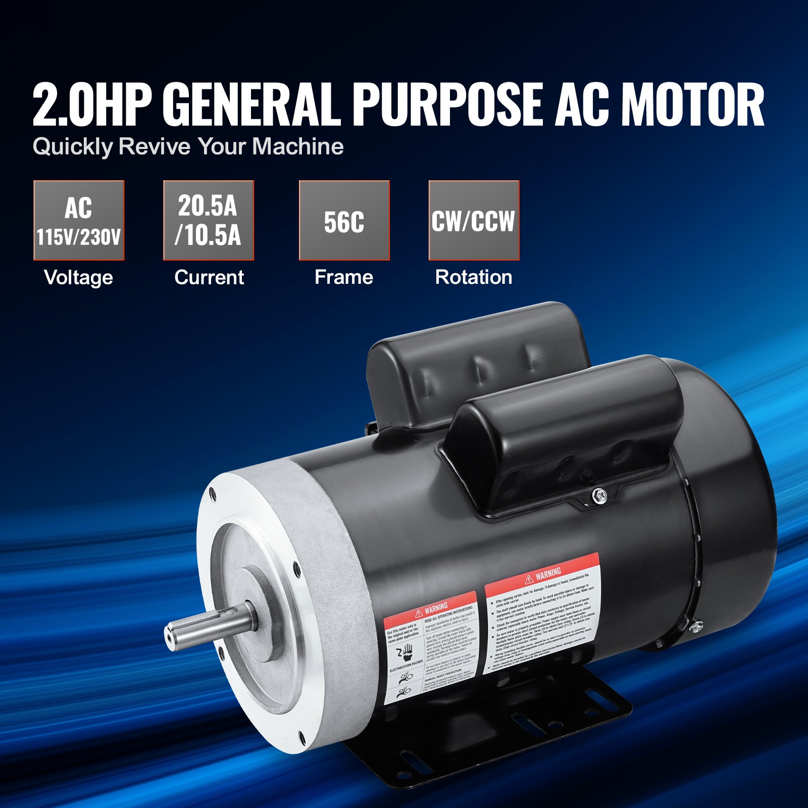 2HP Electric Motor 1725RPM AC 115V/230V 56C Frame 1-Phase 5/8″ Keyed Shaft