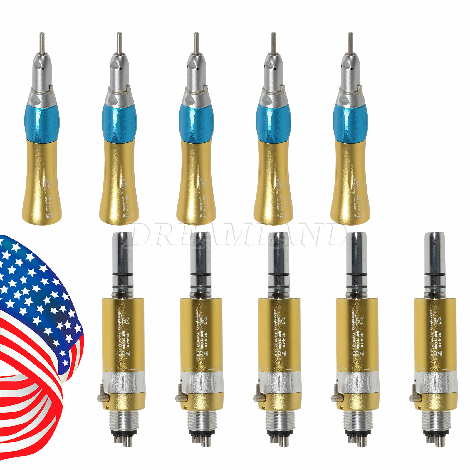 1-5* Gold Dental Straight Handpiece & Air Motor 4-Hole fit NSK Low Speed E-type