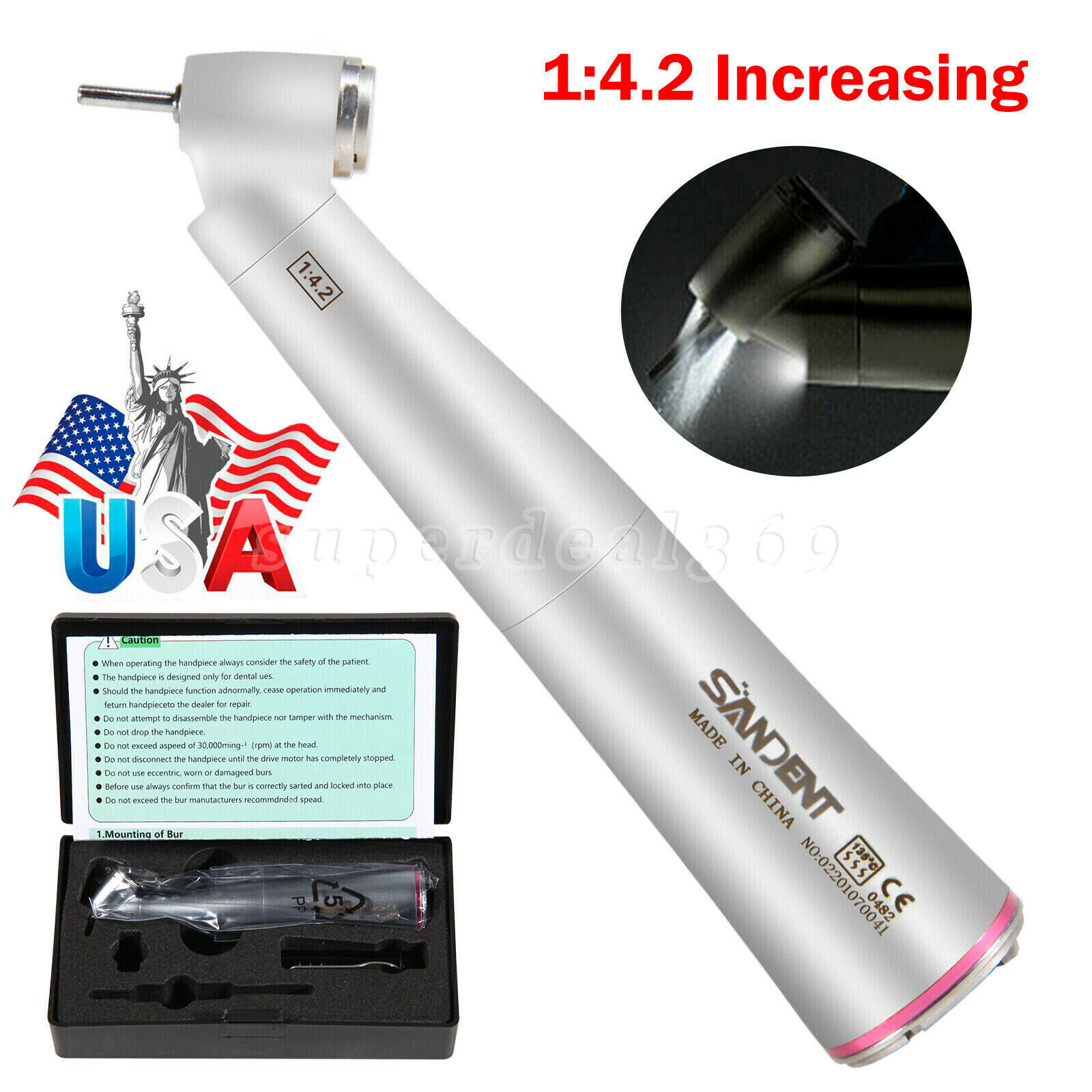 45° Angle Head Dental 1:4.2 Increasing LED Optic Contra Angle handpiece Inner US