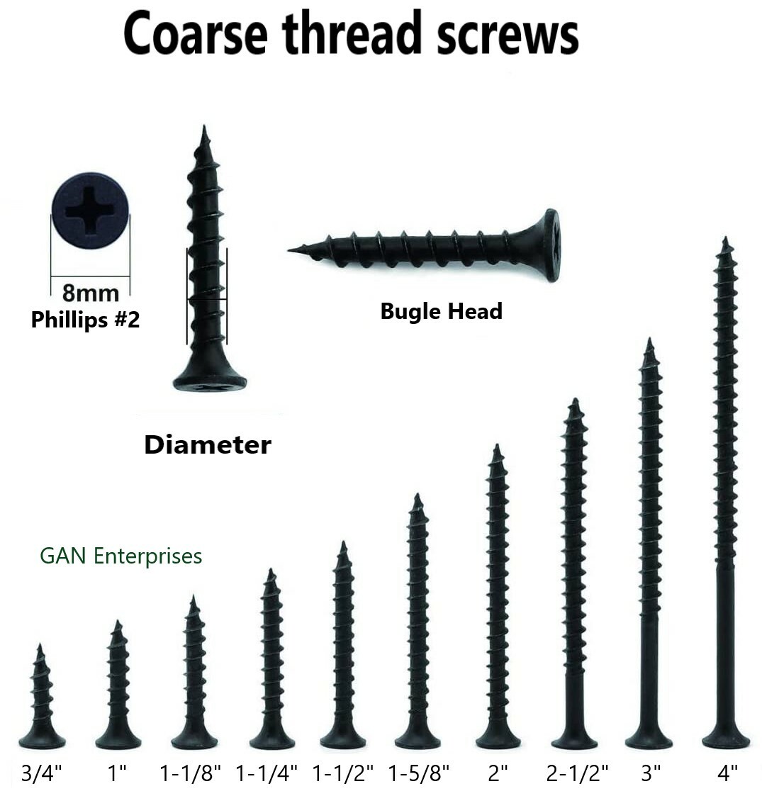 Phillips Bugle Head ( 3/4″ – 6″ ) phosphate Black Coarse Drywall / Wood Screws