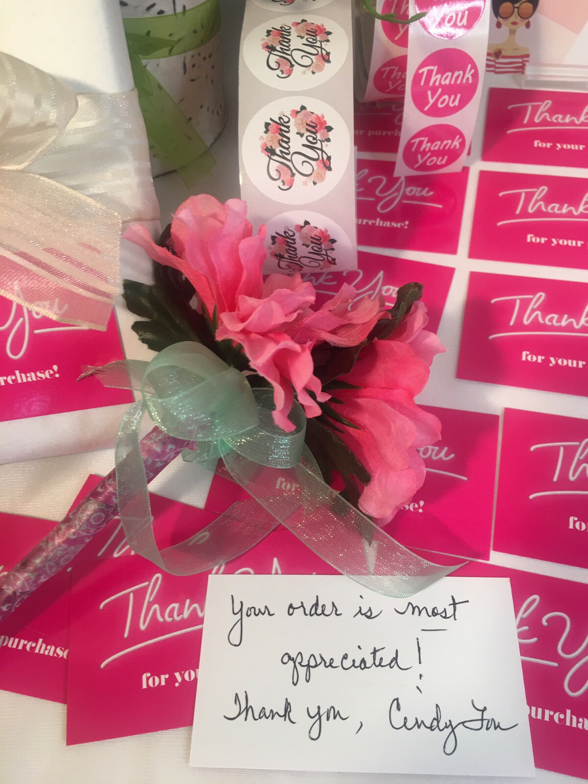 150 pcs Thank You Business Cards, Thank You Stickers, Hot Pink, Floral