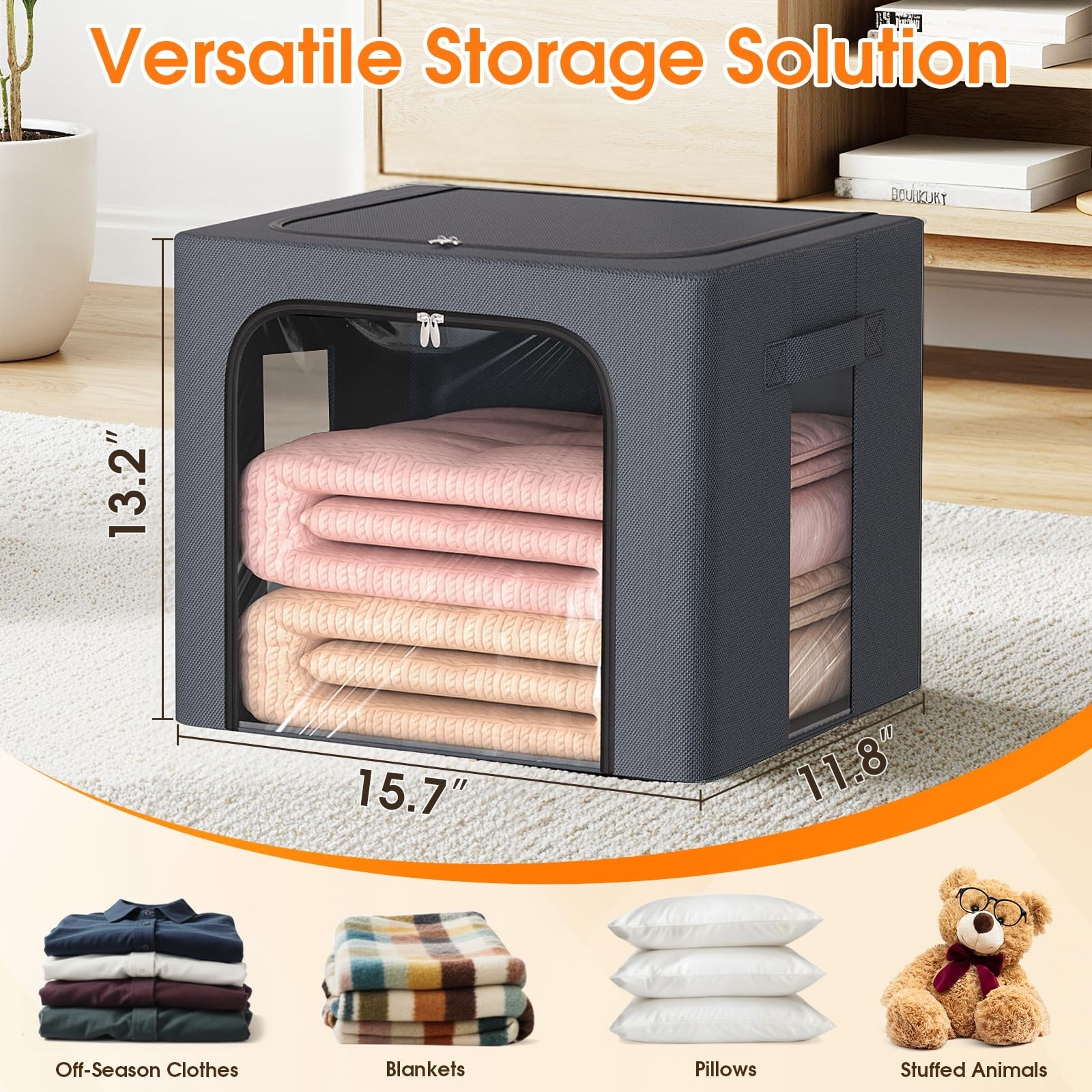 3 Pack Clothes Storage Bins with Metal Frame,40L Storage Bags Fabric Box Orga…