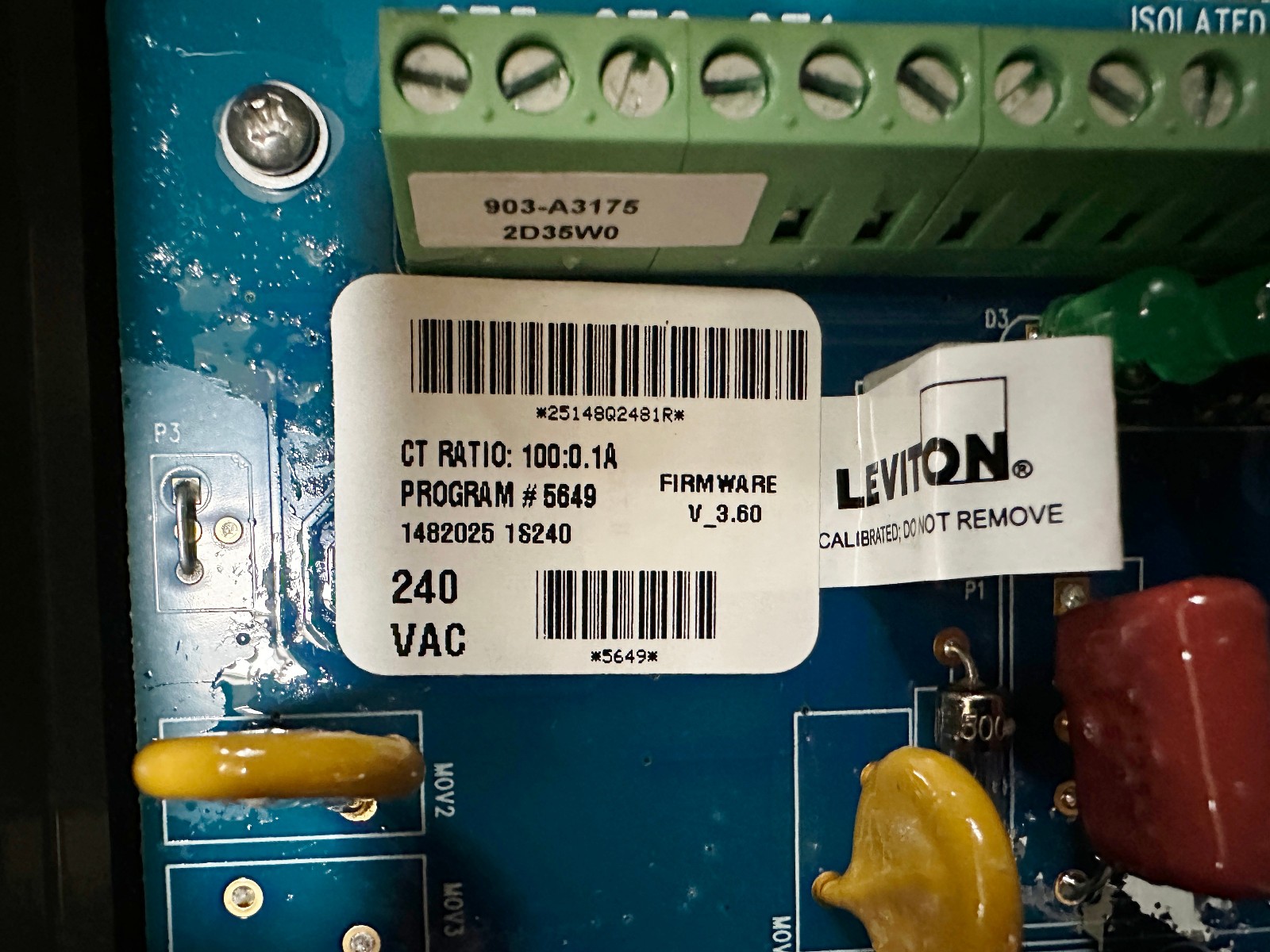 Leviton 1K240-1SW Series 1000 120/240V 100A 1P3W Indoor Kit 2 Solid Core CTs,