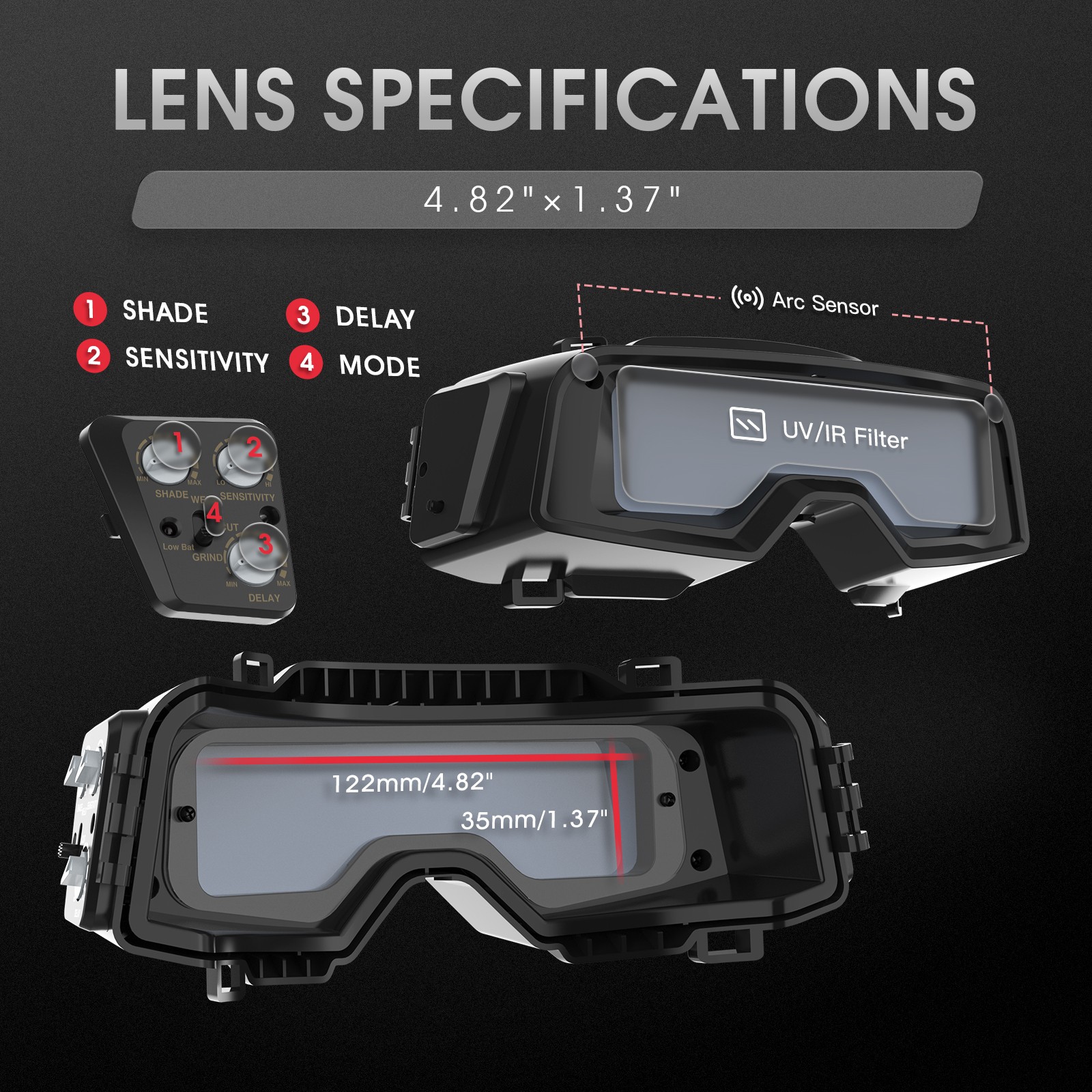 True Color Auto Darkening Welding Goggles/ Glasses with Shade Range 4/5-9/9-13