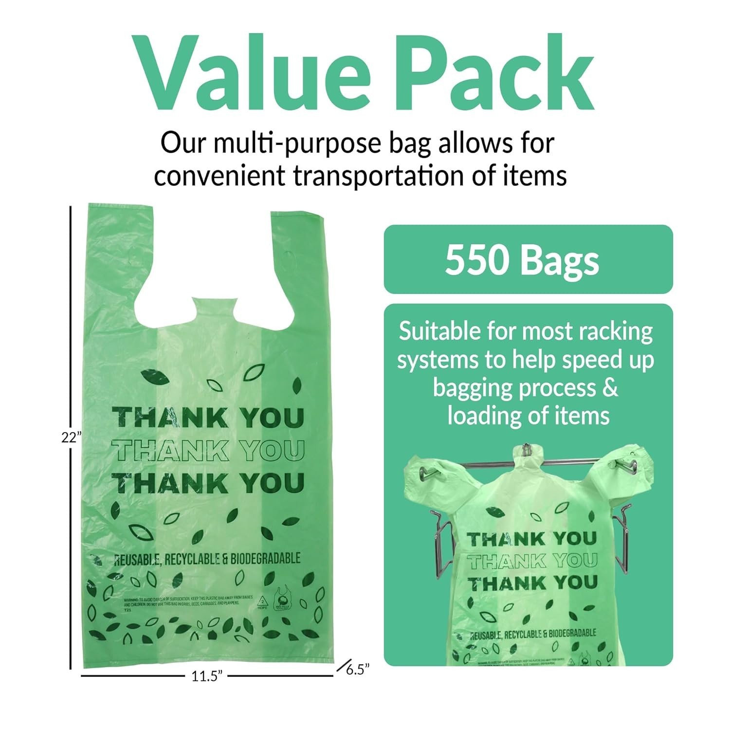 Bulk Biodegradable Thank You Bags 11.5″x6.5″x22″