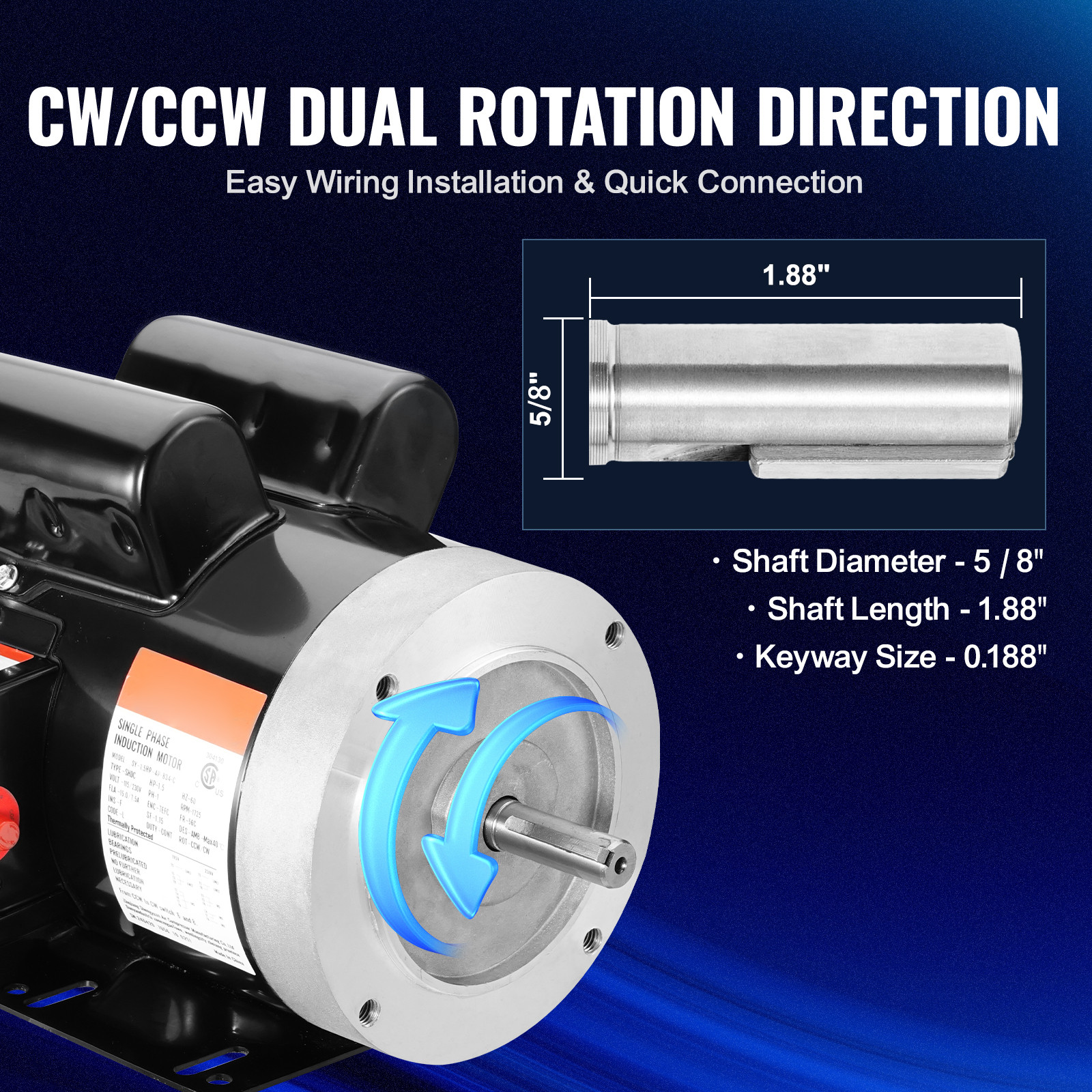 VEVOR 1.5HP Electric Motor 1725RPM AC115/230V 56C Frame 1-Phase 5/8″ Keyed Shaft