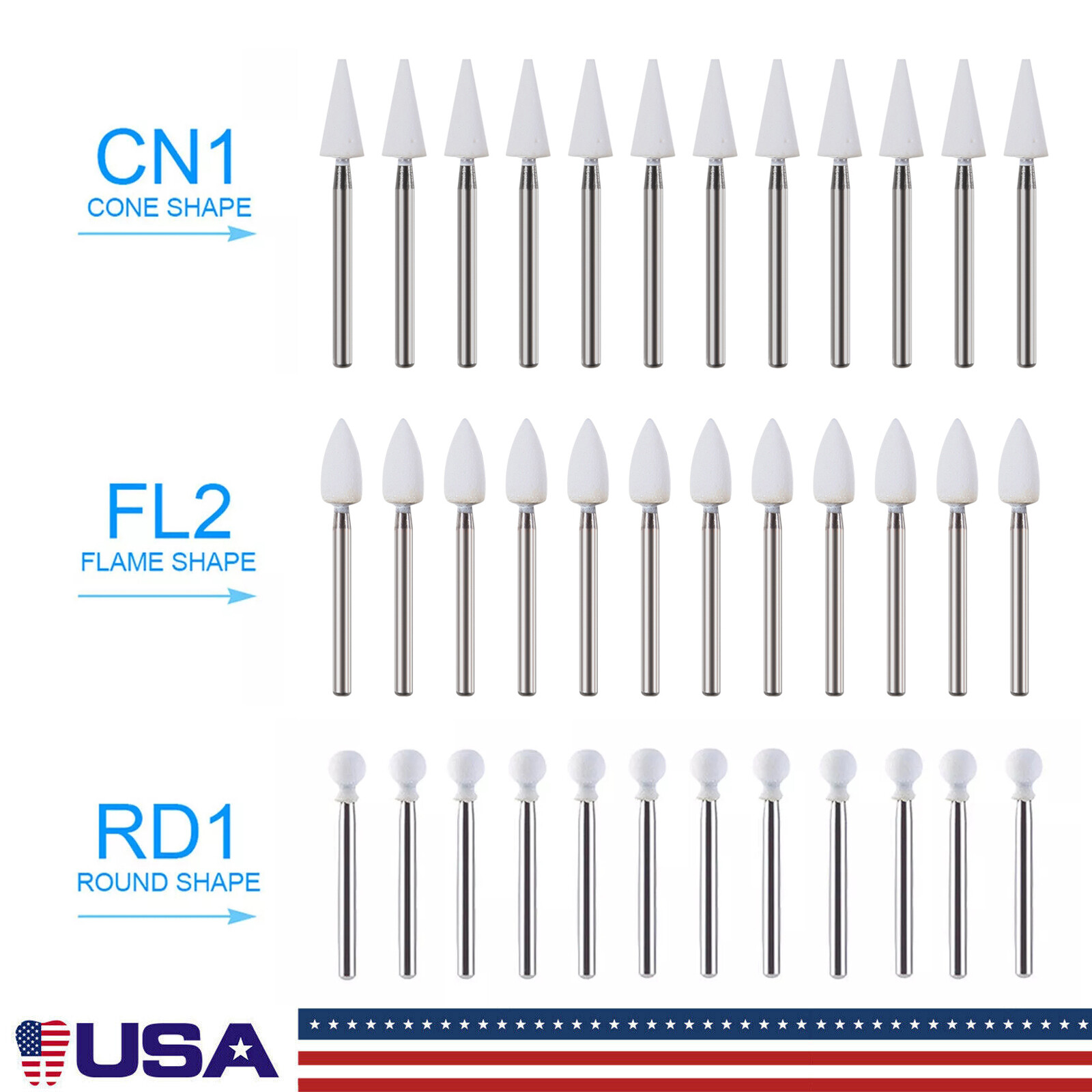 Dental White Stone Aluminum Oxide Polishing FG Burs For High &Low Speed 12/pk st