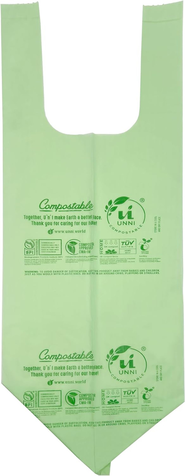 Compostable T-Shirt Bags with Tie Handles, 2.6 Gallon / 9.84 Liter, 50 Count, 0.