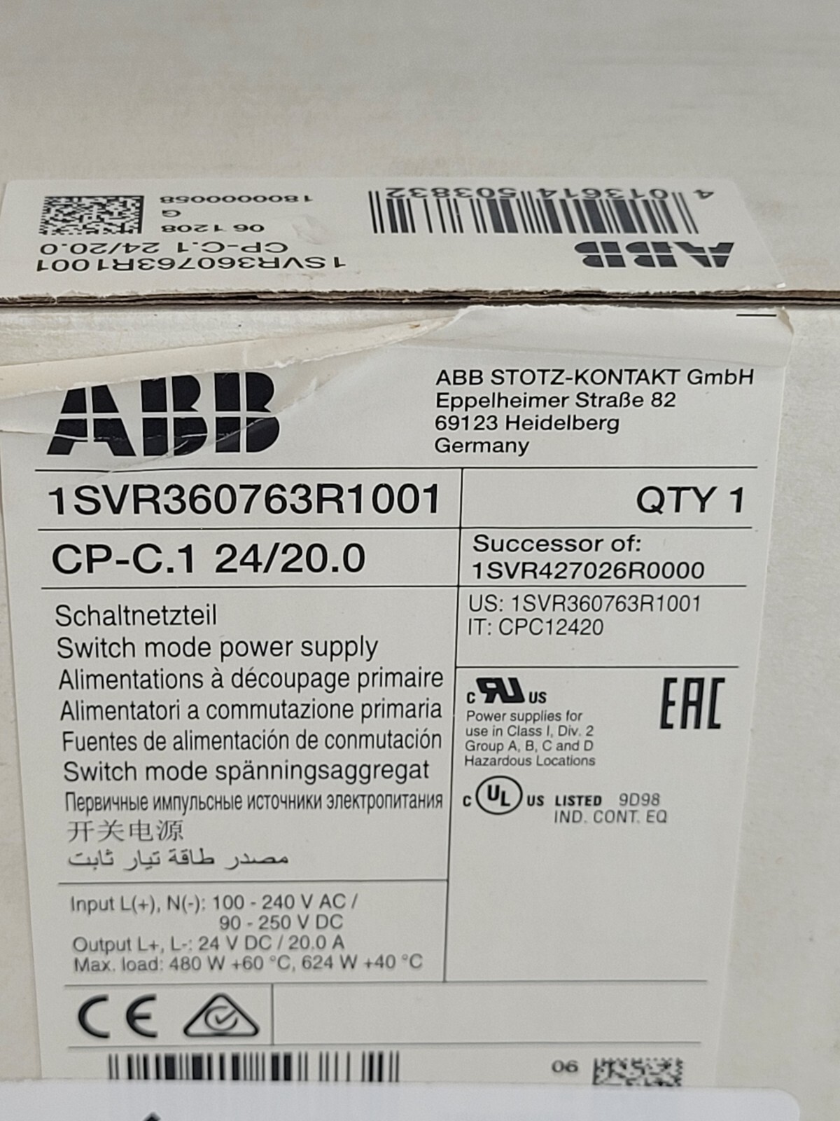 ABB 1SVR360763R1001 Power Supply CP-C.1 24/20.0 Switch Mode Power Supply NIB w9