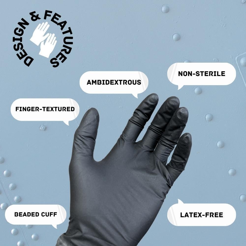 36000 Pieces Finger Textured Black Nitrile Powder Free Gloves XSmall 5 Mil