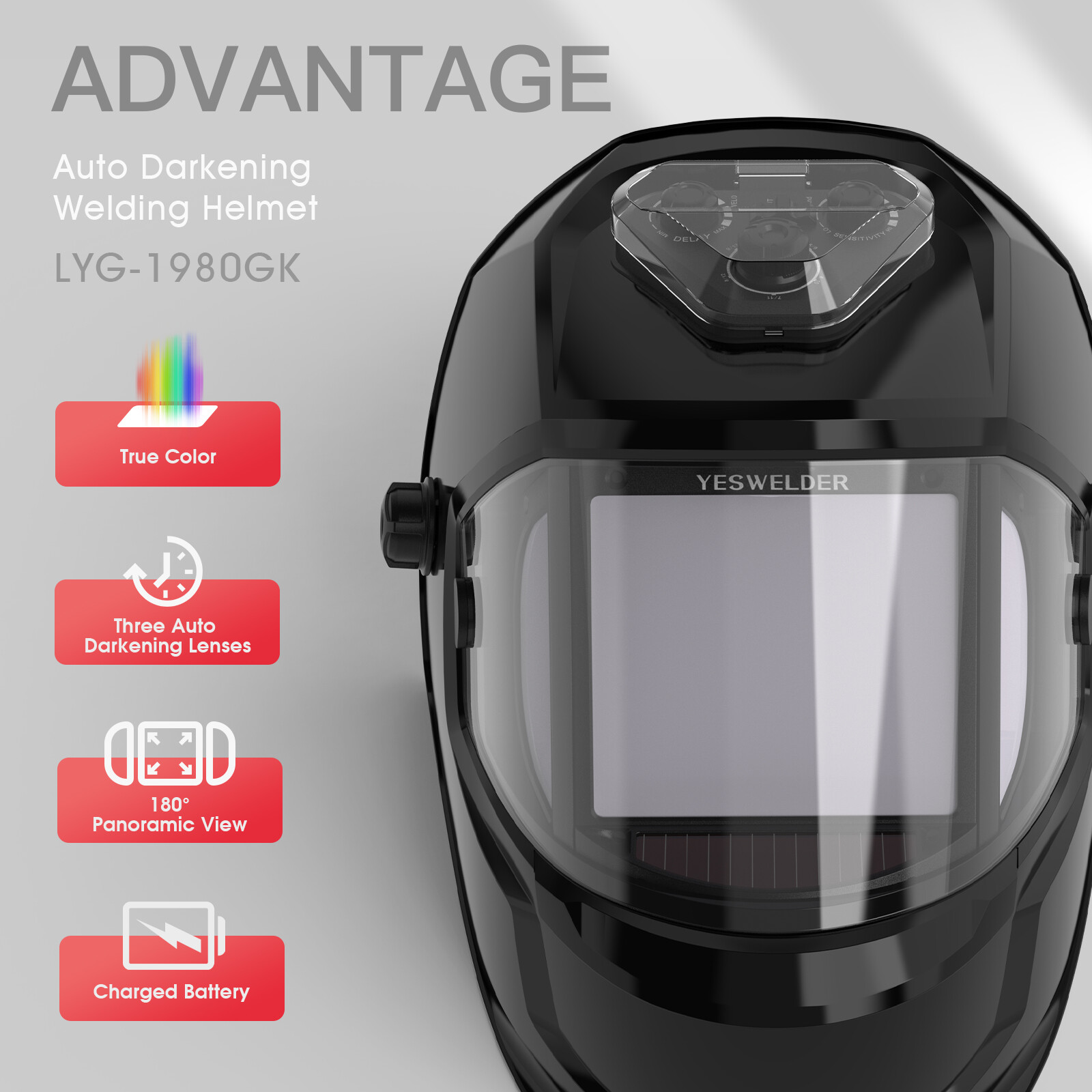 Large View True Color Auto Darkening Welding Helmet, Panoramic View Welder Mask