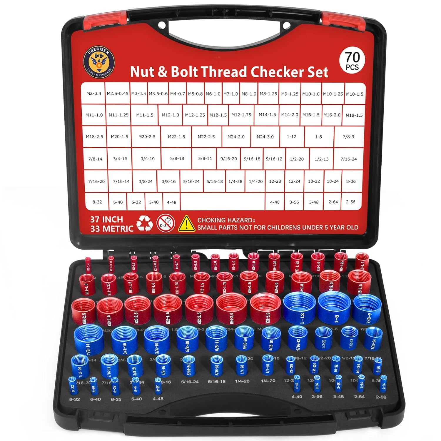 70 Pcs Nut & Bolt Thread Checker Set 37 SAE 33 Metric Gauge for Size Checking