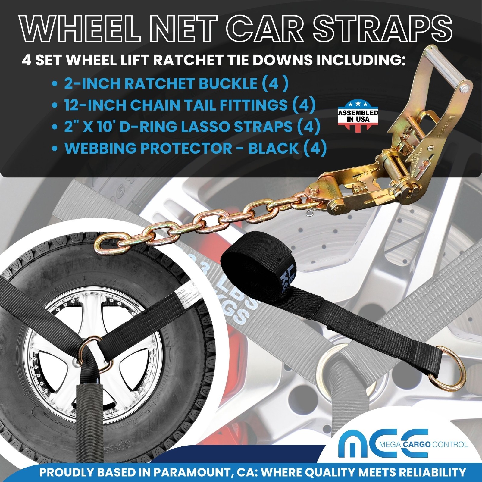 16 Pcs 2″ x 10′ Ratchet Wheel Lift Lasso Strap w/ Chain Extension For Tow Truck