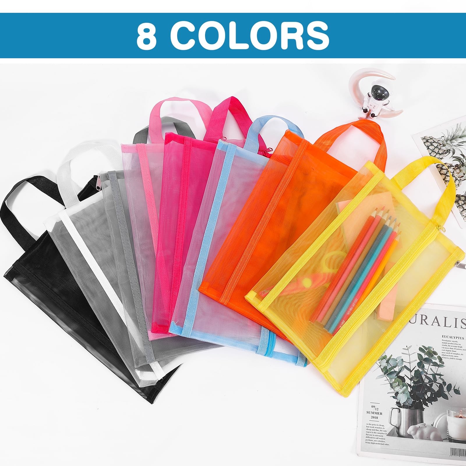 A5 Double-Layer Nylon Mesh Zipper Pouch Bags with Handle 6-Pack Multicolor