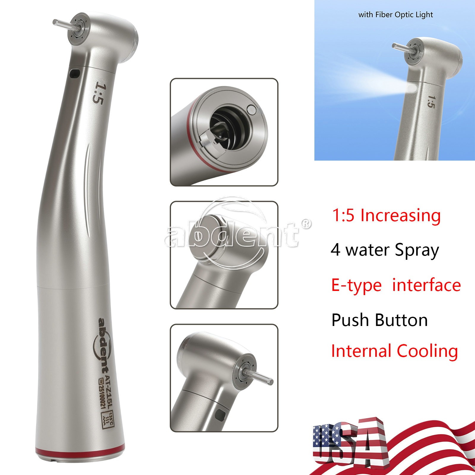 abdent Electric LED 1:5 Increasing Fiber Optic Contra Angle High Speed Handpiece