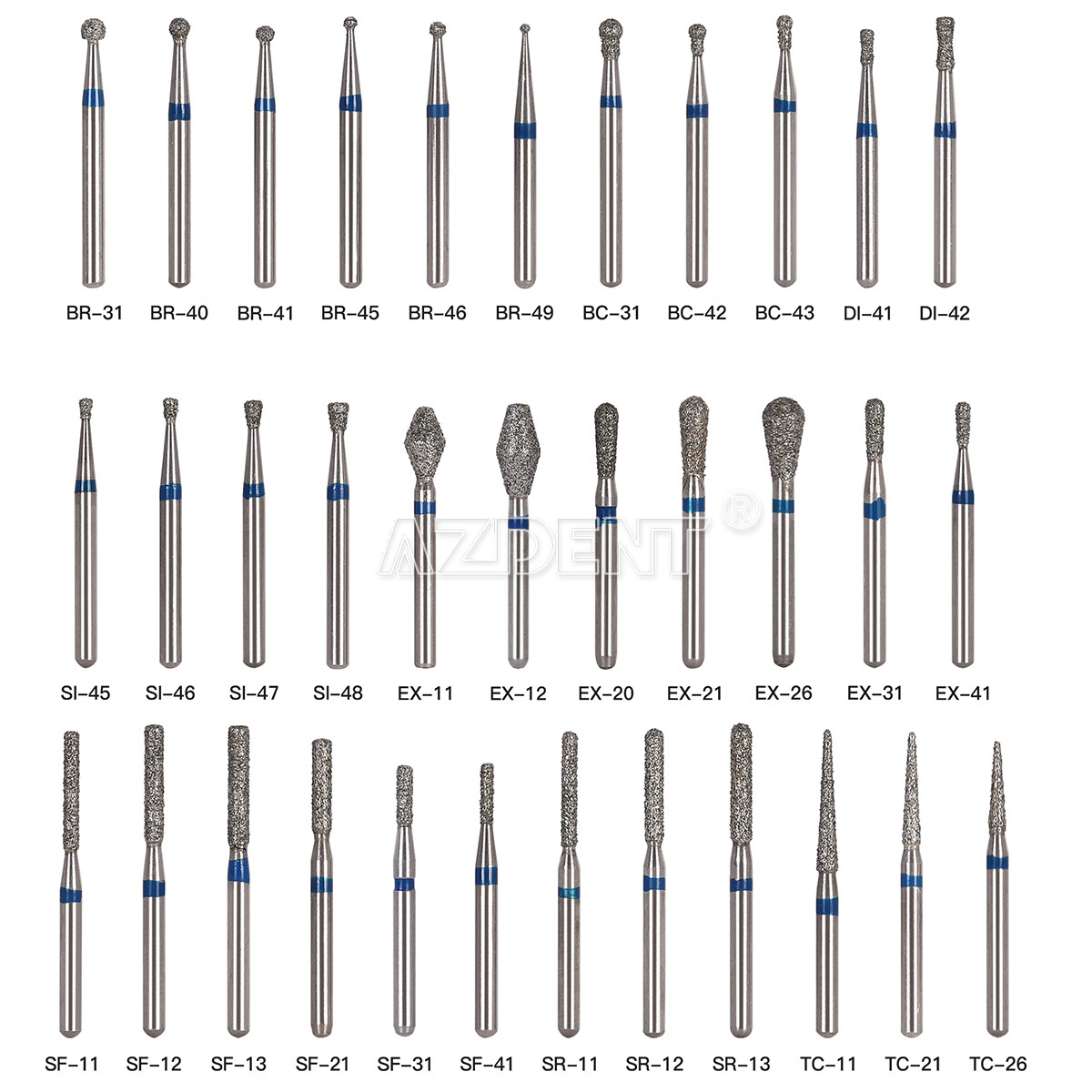 54 Types F Dental Diamond Burs For High Speed Handpiece AZDENT 5pcs/Box