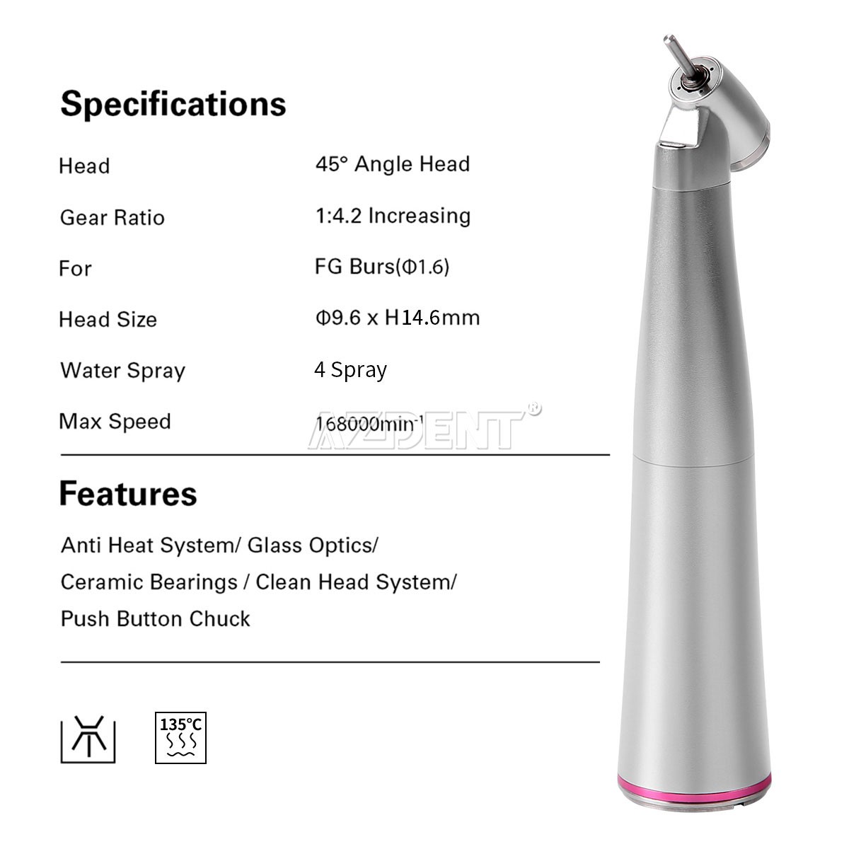 Dental 1:4.2 45 Degree LED Surgical Contra Angle Handpiece E-type Inner Channel